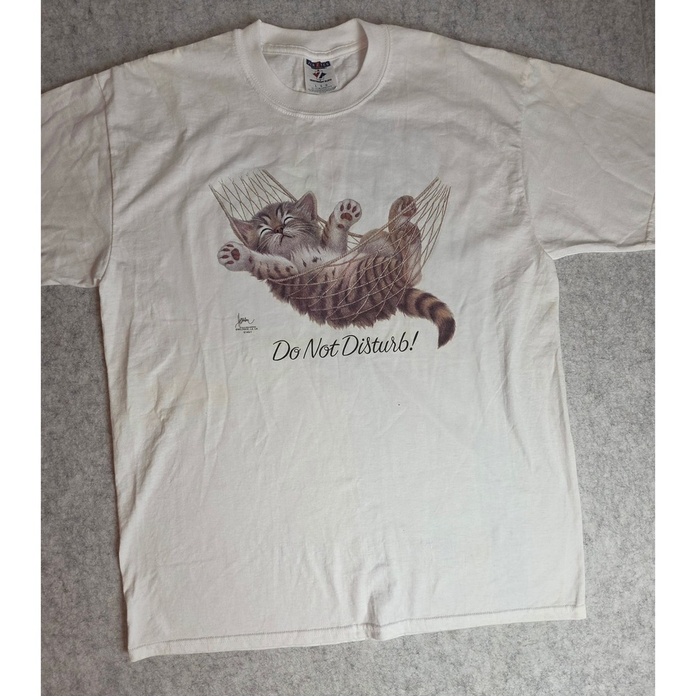 Vintage 90s Bob Harrison Cat Graphic Tee Jerzees White Kitten Hammock Large